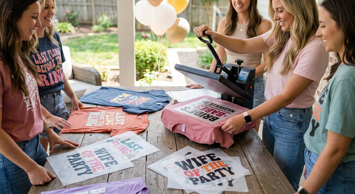 Custom DTF transfers for bachelorette party shirts
